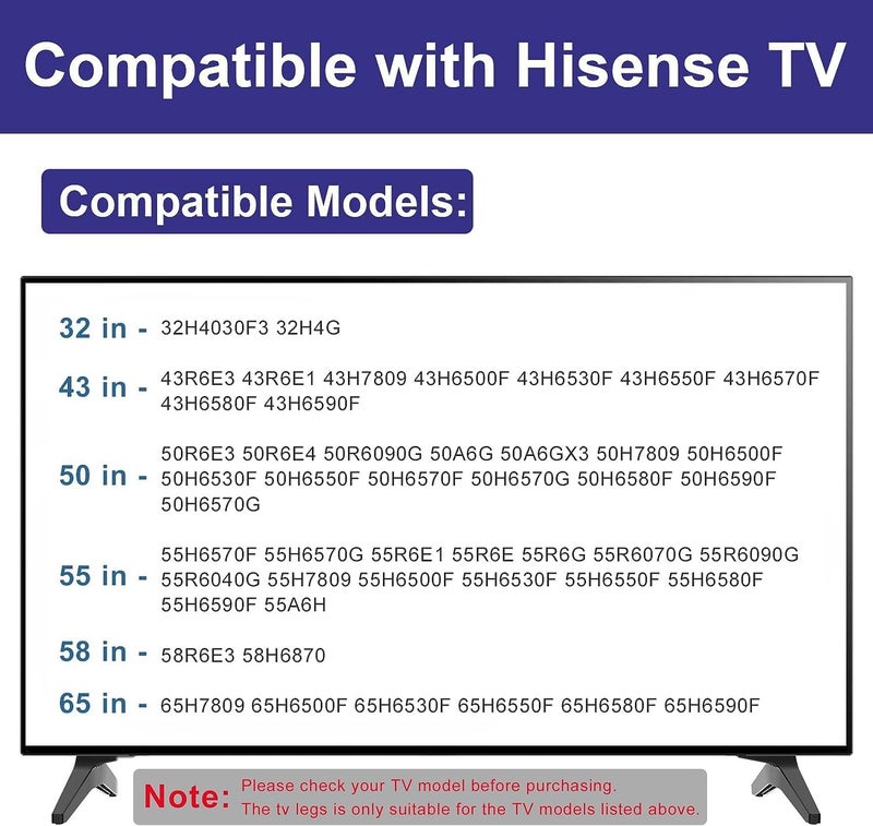 Maozhren TV Base Stand for Hisense TV Legs, TV Stand Legs Only for Hisense 32H4030F3 32H4G 43R6E3 43R6E1 50R6E3 50R6E4 50R6090G 55R6E1 55R6E 55R6070G 58R6E3 65H6570F, wr Screw, Only for Models We List - Image 3